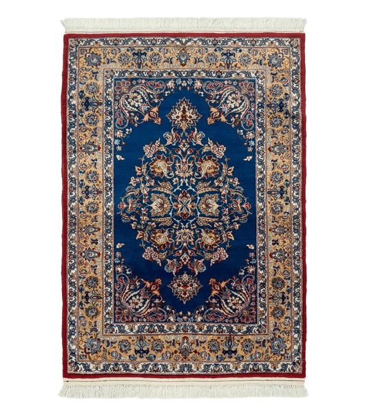 Blue Persian Qum Rug 3.6 x 5, Floral Medallion, Fine 310 KPSI