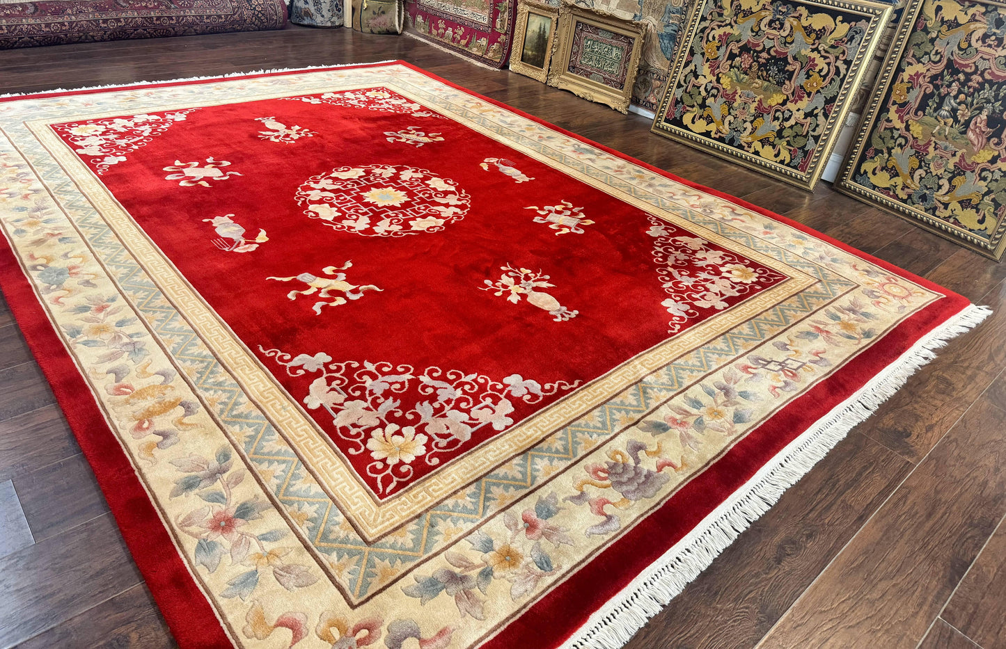 Chinese Wool Rug 8.6 x 11, Red and Beige Asian Oriental Carpet, Plush Pile, Vintage Handmade Chinese Carving Sculpted Rug, Semi Open Field - Nuvé