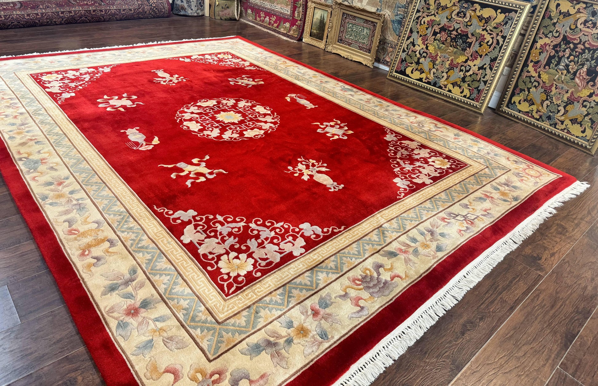 Chinese Wool Rug 8.6 x 11, Red and Beige Asian Oriental Carpet, Plush Pile, Vintage Handmade Chinese Carving Sculpted Rug, Semi Open Field - Nuvé