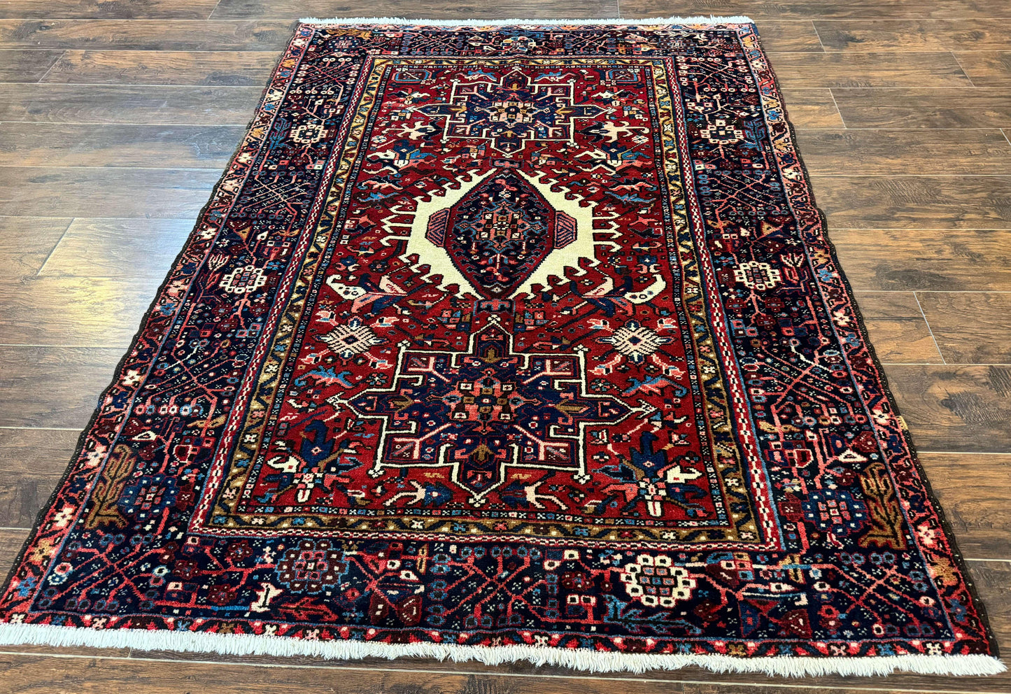 Persian Karajeh Rug 5x6, Antique Heriz Carpet, Geometric, Persian Tribal Rug, Brick Red Navy Blue - Nuvé