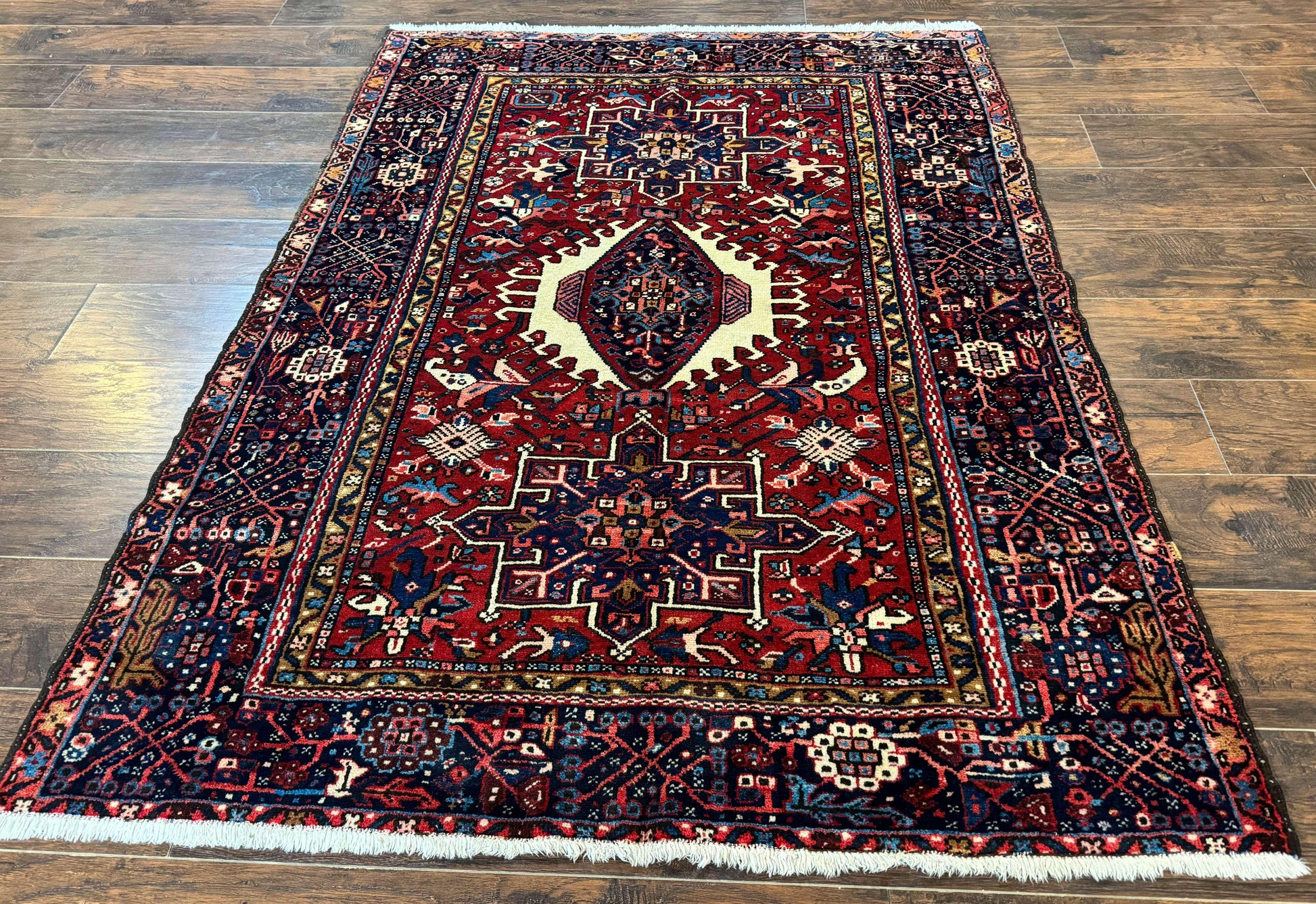 Persian Karajeh Rug 5x6, Antique Heriz Carpet, Geometric, Persian Tribal Rug, Brick Red Navy Blue - Nuvé