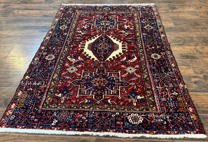 Persian Karajeh Rug 5x6, Antique Heriz Carpet, Geometric, Persian Tribal Rug, Brick Red Navy Blue - Nuvé