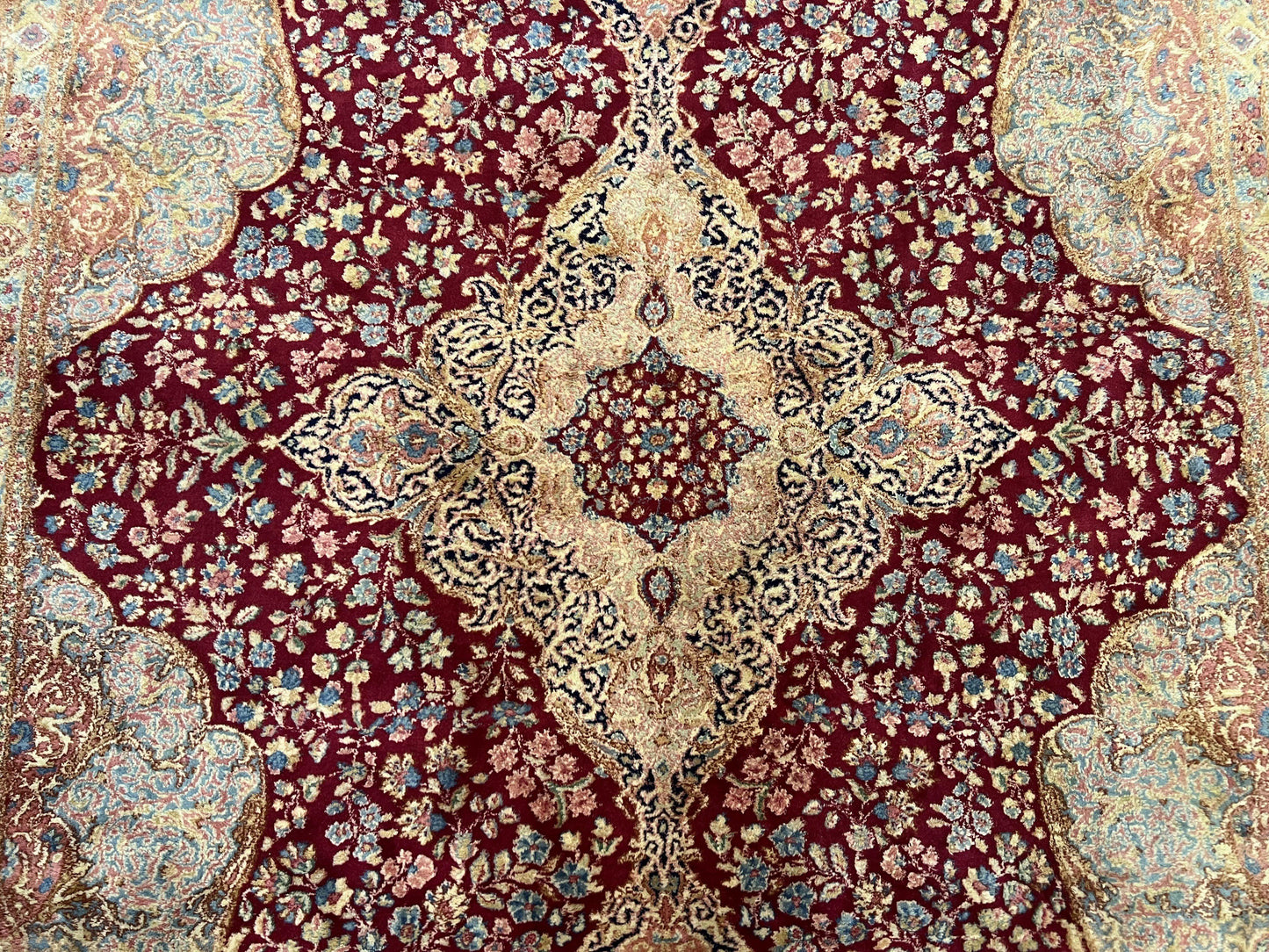 Persian Rug 9x12, Kirman DeLuxe, Millefleur Floral Medallion Carpet, Maroon Light Blue Beige, Semi Antique Authentic Hand Knotted Wool Rug - Nuvé