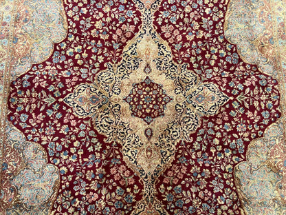 Persian Rug 9x12, Kirman DeLuxe, Millefleur Floral Medallion Carpet, Maroon Light Blue Beige, Semi Antique Authentic Hand Knotted Wool Rug - Nuvé
