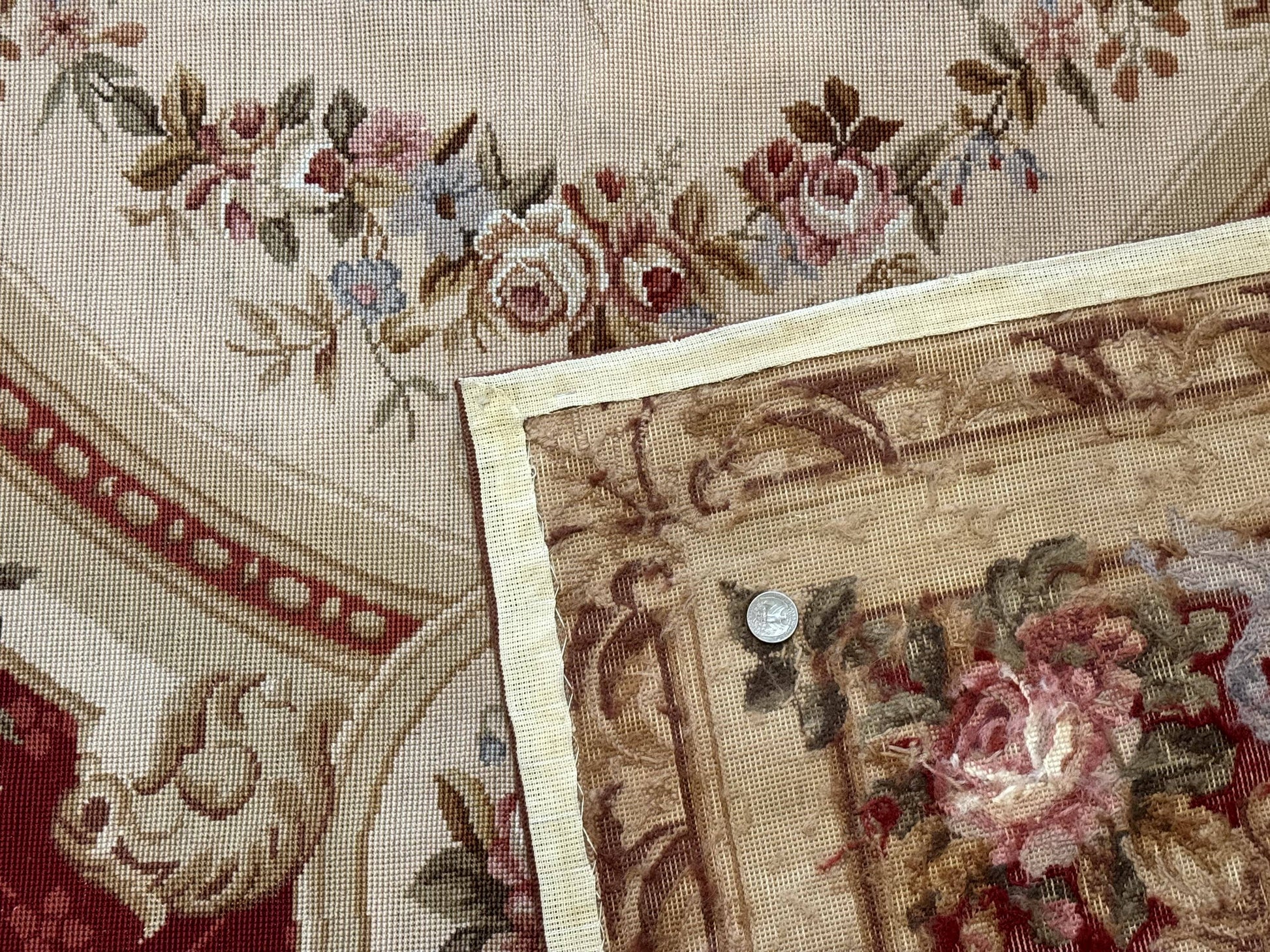 Aubusson Rug 8x11, Needlepoint Carpet, Red Ivory Beige, Vintage, French European Design - Nuvé