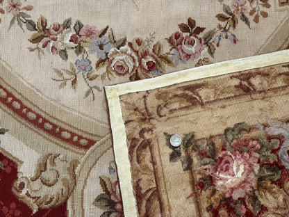 Aubusson Rug 8x11, Needlepoint Carpet, Red Ivory Beige, Vintage, French European Design - Nuvé