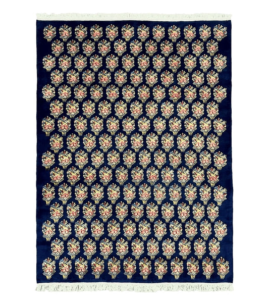 Persian Rug 9x12, Authentic Hand Knotted Carpet, Repeated Floral Motif Garden of Eden, Navy Blue Wool Rug 9 x 12, Semi Antique Kirman Rug
