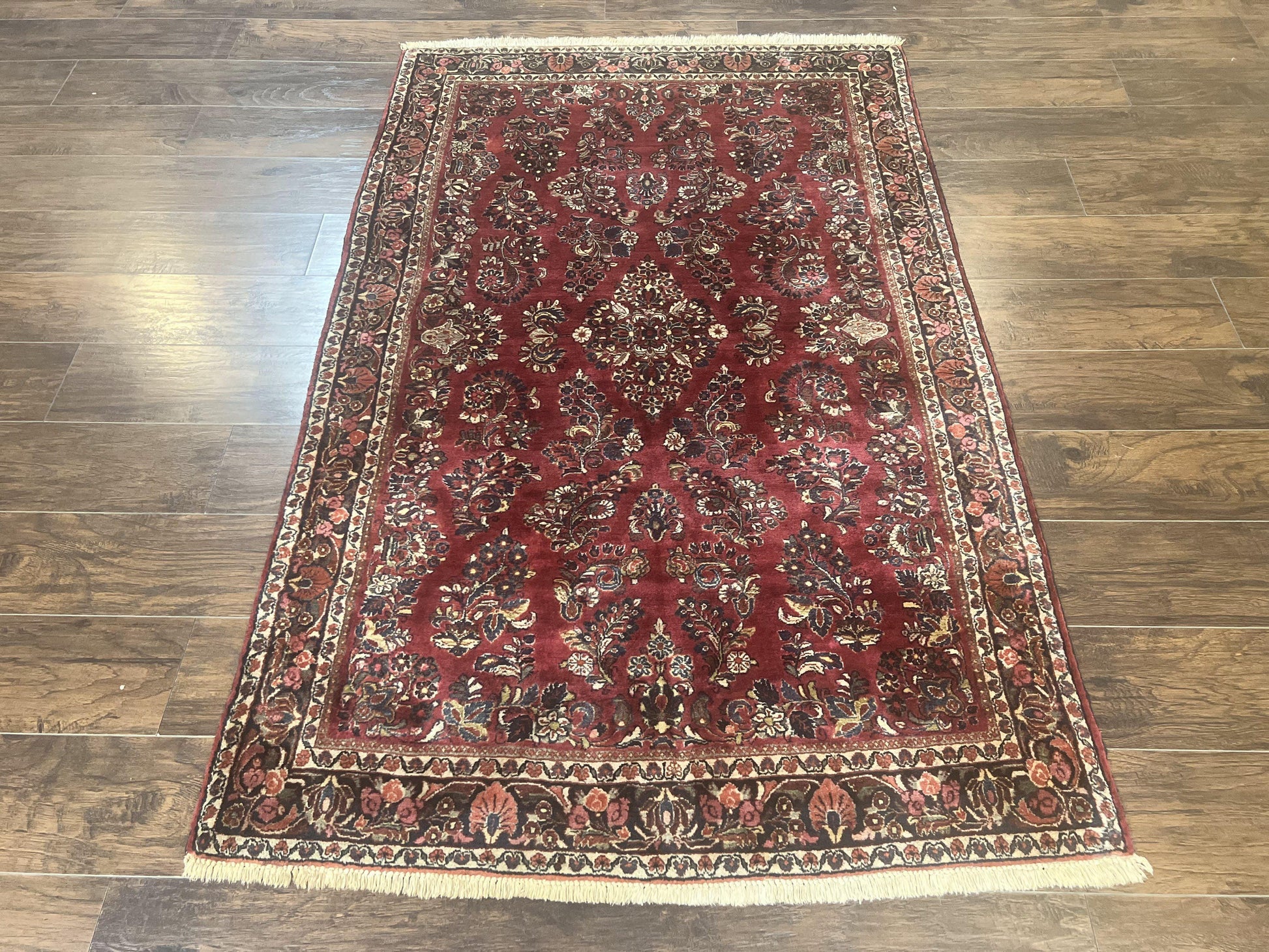 Antique Persian Sarouk Rug 4x7, Hand Knotted Wool Red Persian Carpet, Floral - Nuvé