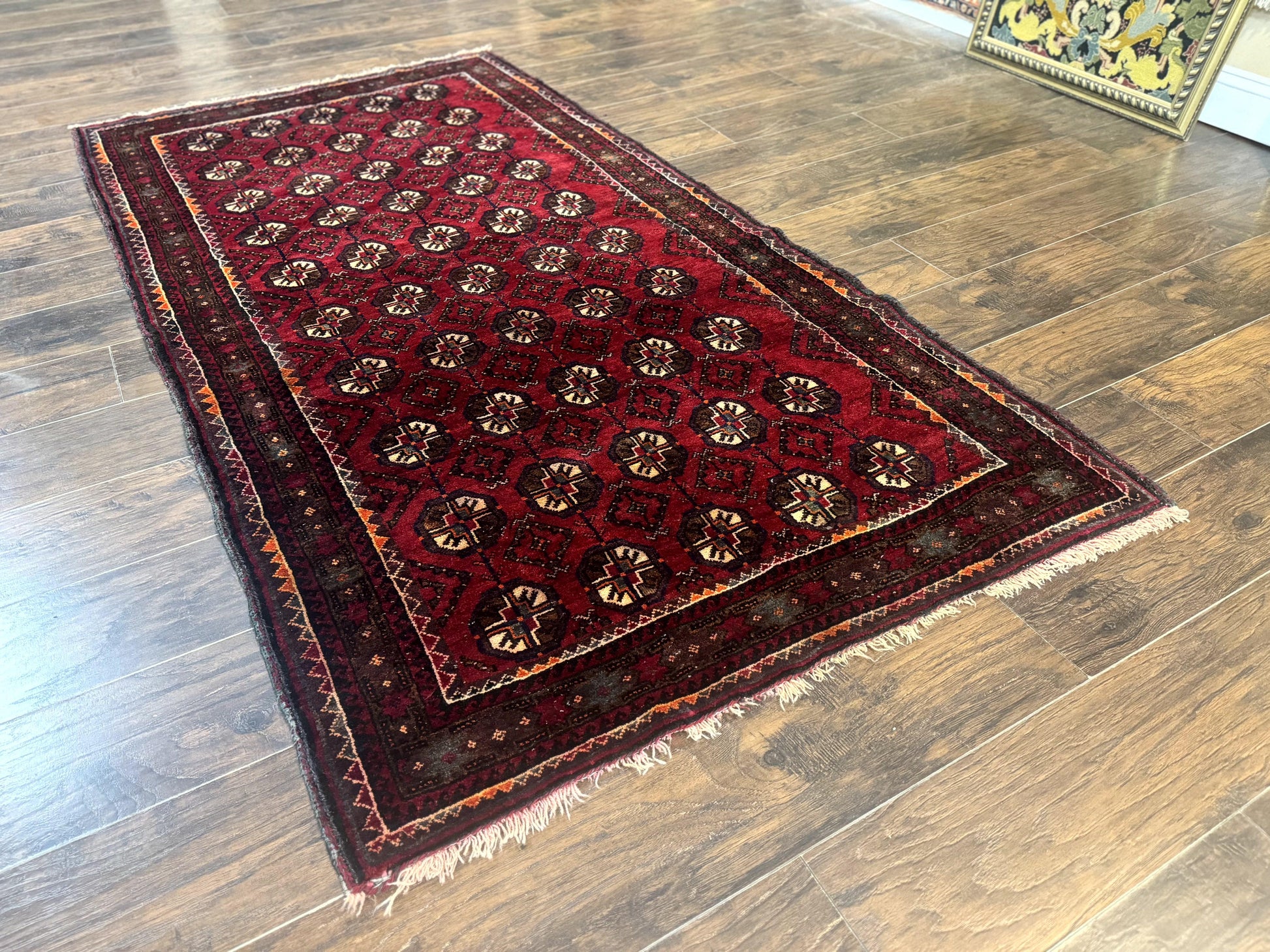 Persian Turkoman Tribal Rug 4x8, Handmade Vintage Wool Carpet, Red, Bohemian Rug - Nuvé