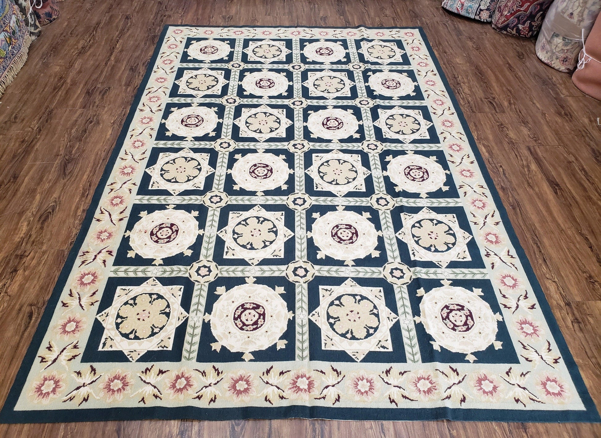 Vintage Chinese Needlepoint Rug 6x9, Panel Design Area Rug Wool Hand-Woven Black & Ivory Carpet Flat Weave Bedroom Rug 6 x 9 Living Room Rug - Nuvé