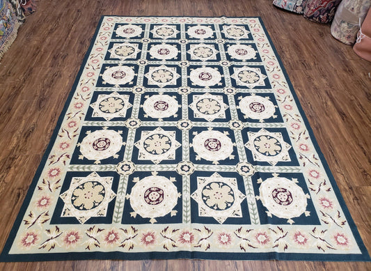 Vintage Chinese Needlepoint Rug 6x9, Panel Design Area Rug Wool Hand-Woven Black & Ivory Carpet Flat Weave Bedroom Rug 6 x 9 Living Room Rug - Nuvé