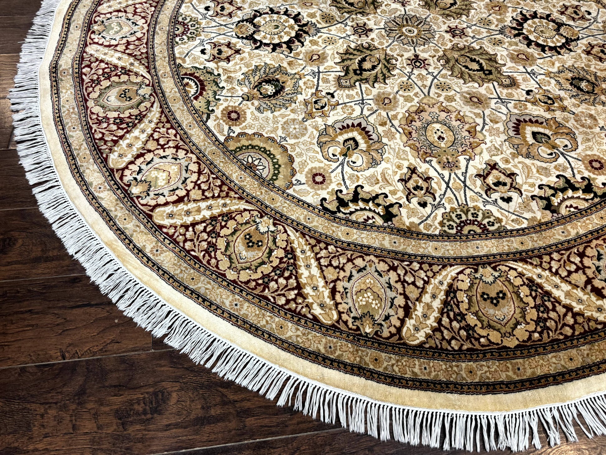 Round Pak Persian Rug 8x8, Vintage Handmade Wool Traditional Carpet, Beige Dark Red, Fine 270 KPSI - Nuvé