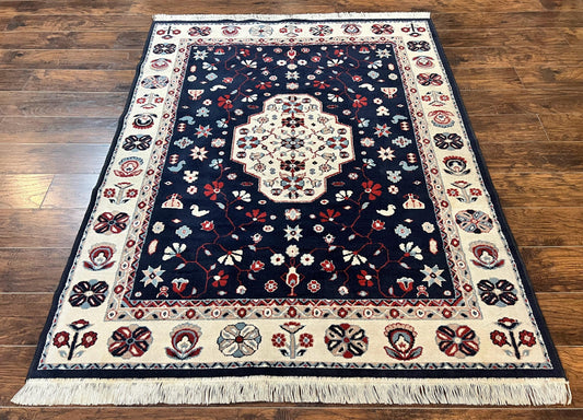 Belgium Power Loomed Rug 5.6 x 7, Navy Blue and Ivory, Heriz Pattern, Vintage Oriental Carpet - Nuvé