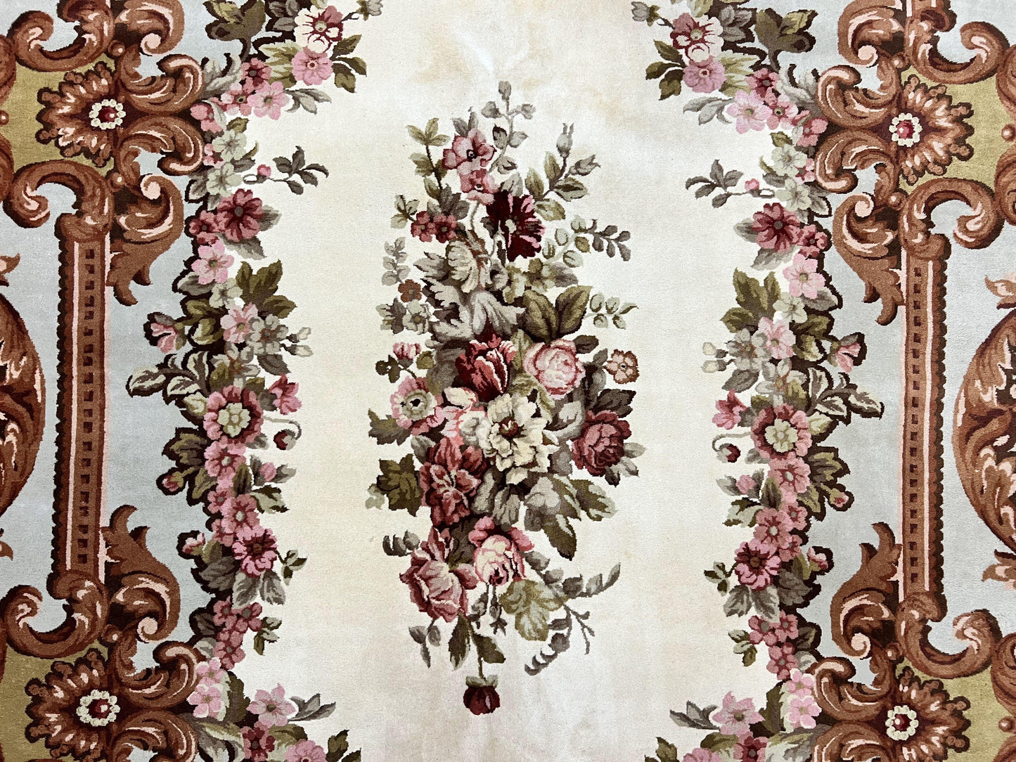 Aubusson Rug 10x13, Cream and Light Mint Green Hand Knotted Handmade French Savonnerie European Carpet, Wool Pile, Large Room Sized Vintage - Nuvé