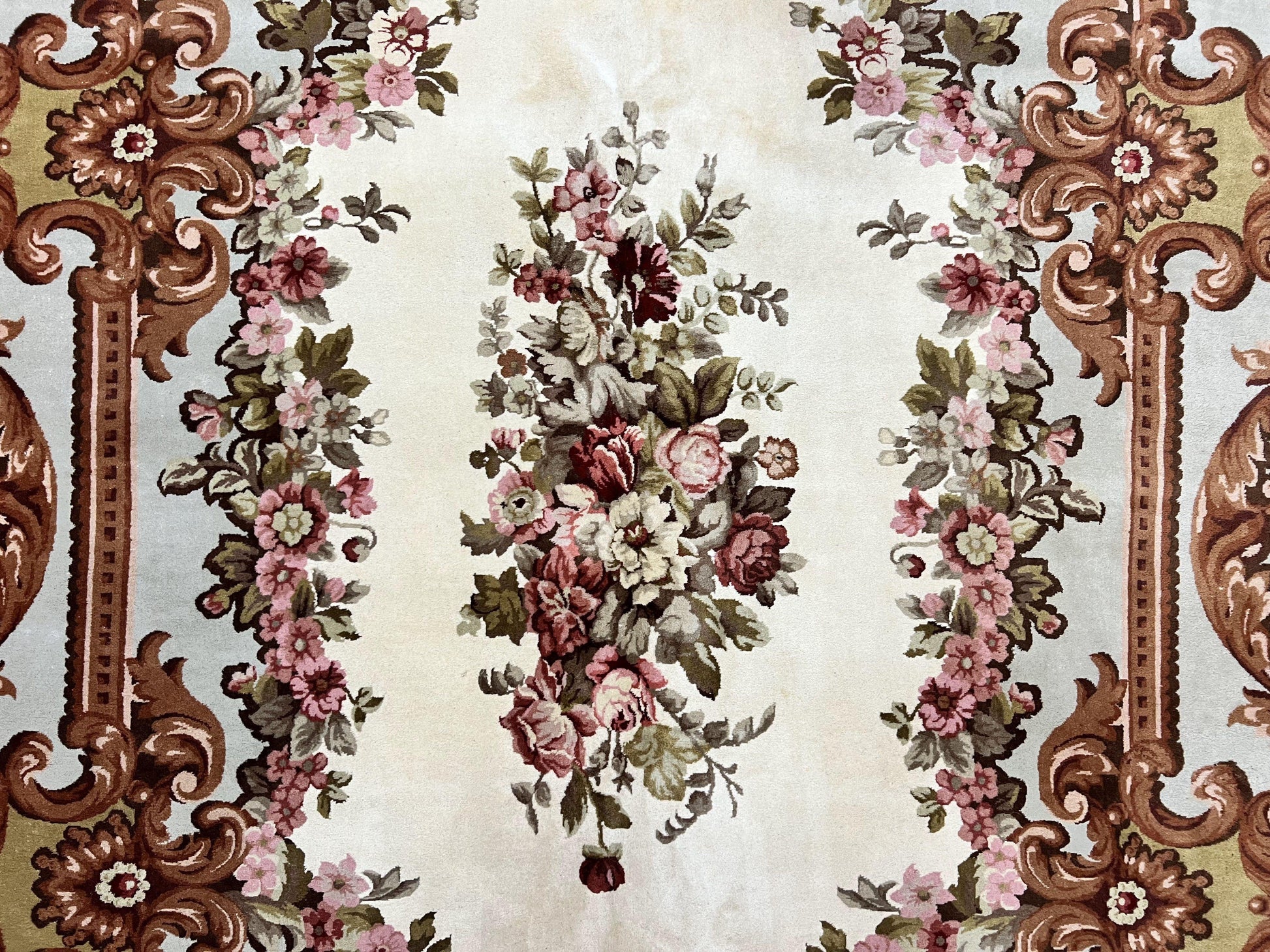 Aubusson Rug 10x13, Cream and Light Mint Green Hand Knotted Handmade French Savonnerie European Carpet, Wool Pile, Large Room Sized Vintage - Nuvé