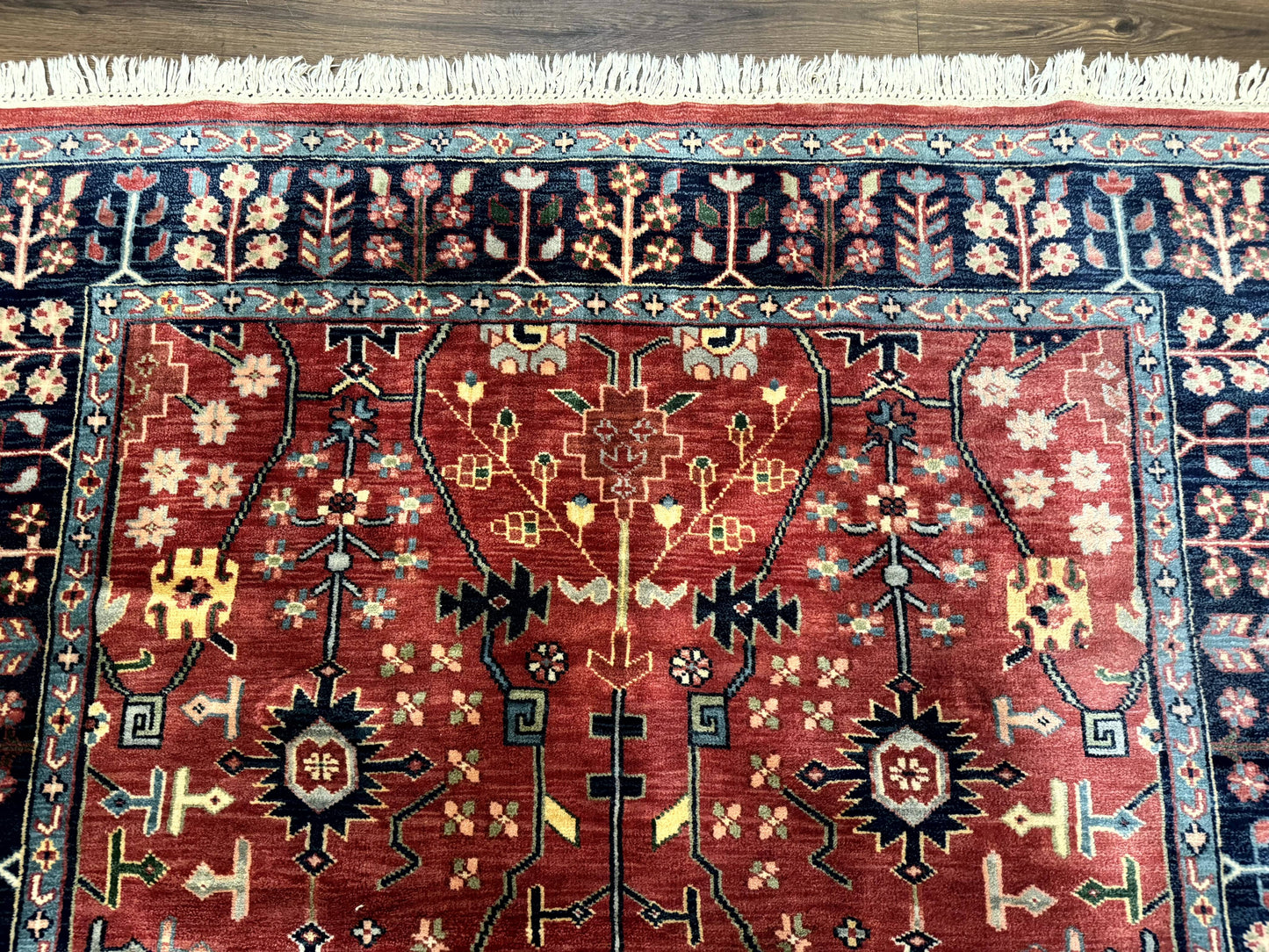 Indo Persian Heriz Serapi Rug 6x8, Rust Red and Navy Blue, Allover Pattern - Nuvé