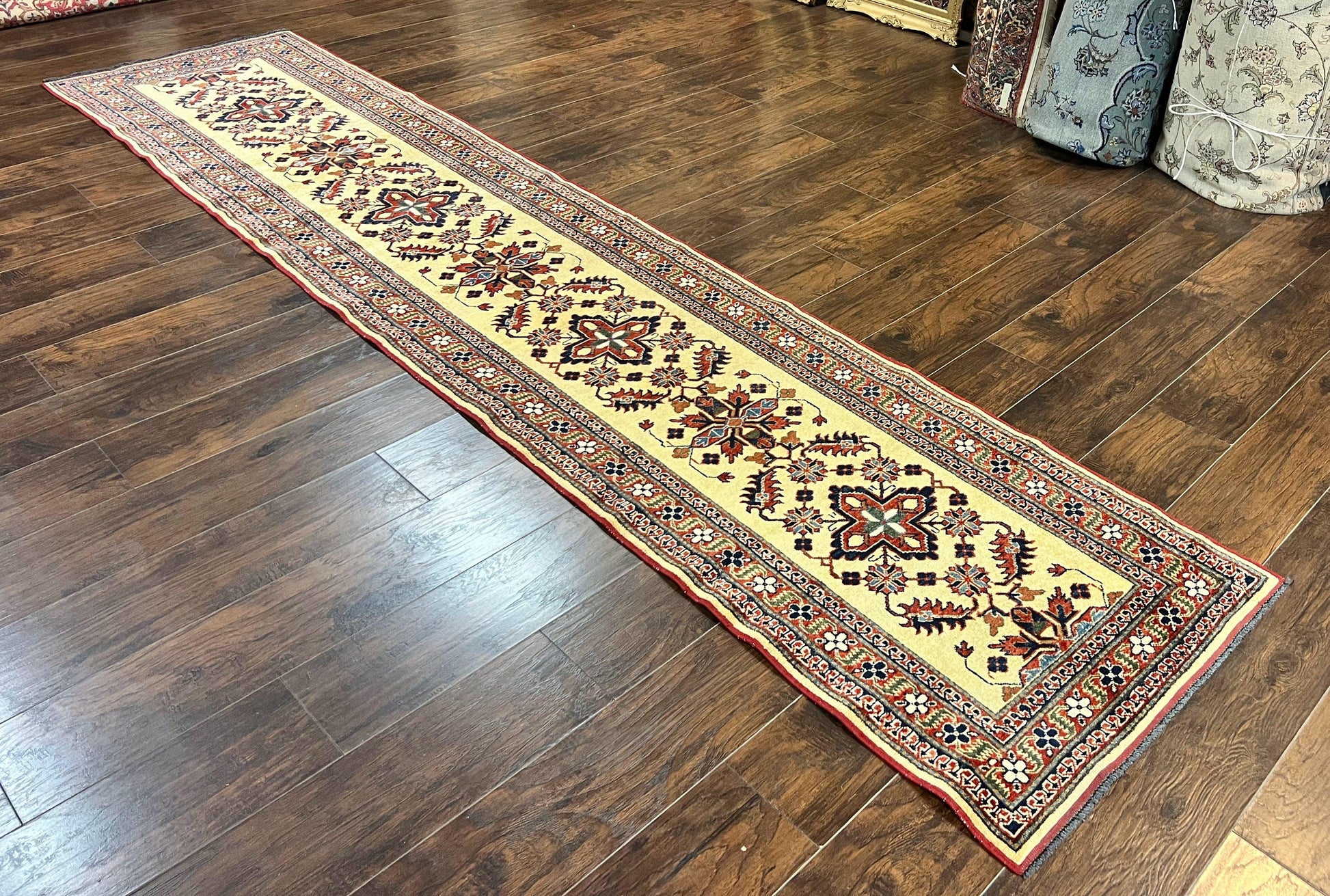 Afghan Heriz Runner Rug 2.9 x 12, Vintage Hand Knotted Persian Carpet for Hallway, 12ft Runner, Wool, Cream - Nuvé
