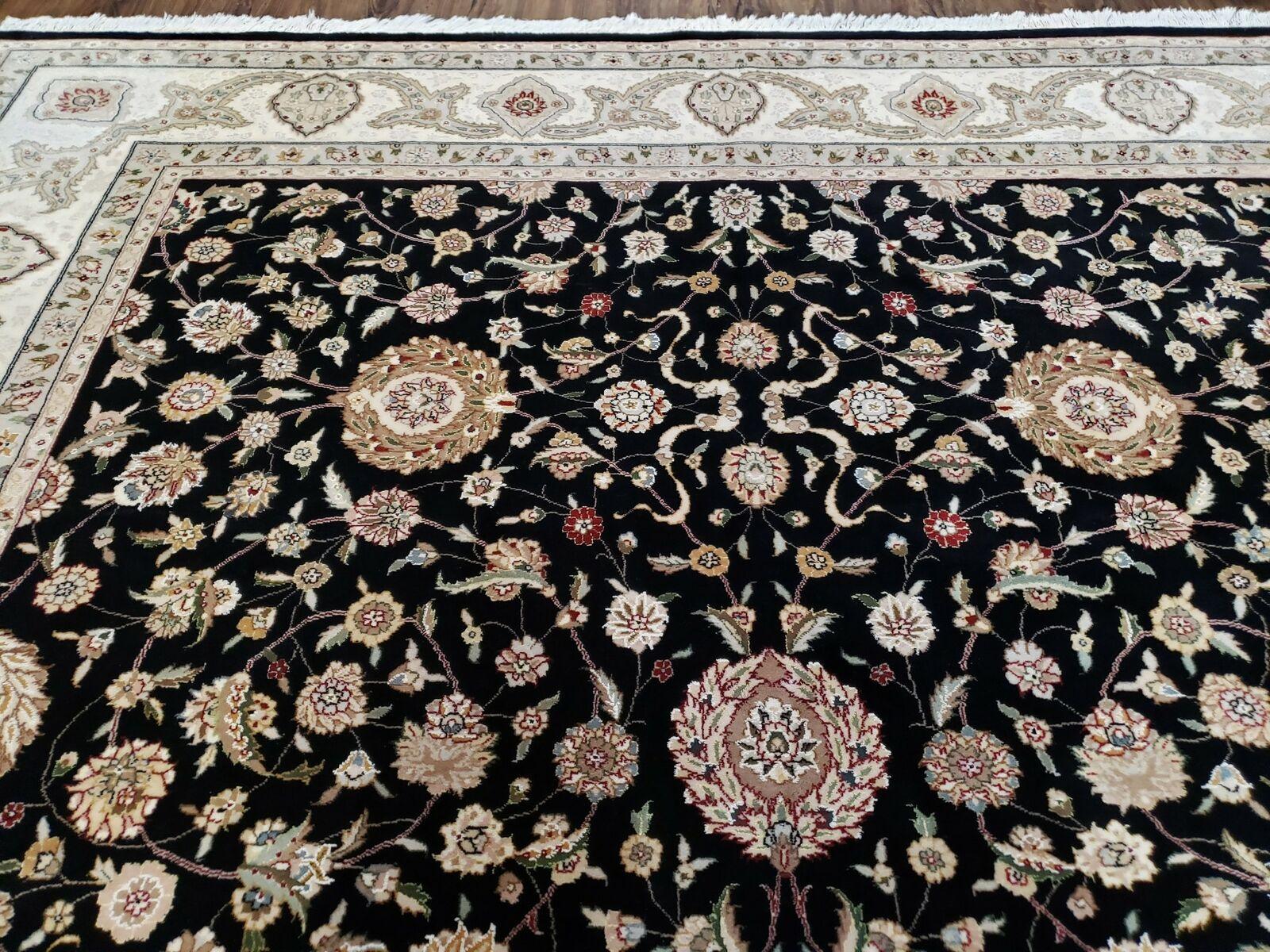 8' 5" X 11' 6" Vintage Handmade Oriental Floral Wool Rug Silk Accent Black Nice - Nuvé