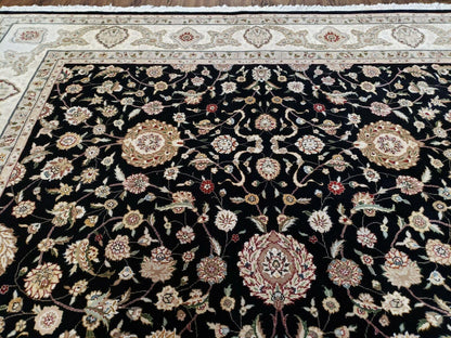 8' 5" X 11' 6" Vintage Handmade Oriental Floral Wool Rug Silk Accent Black Nice - Nuvé