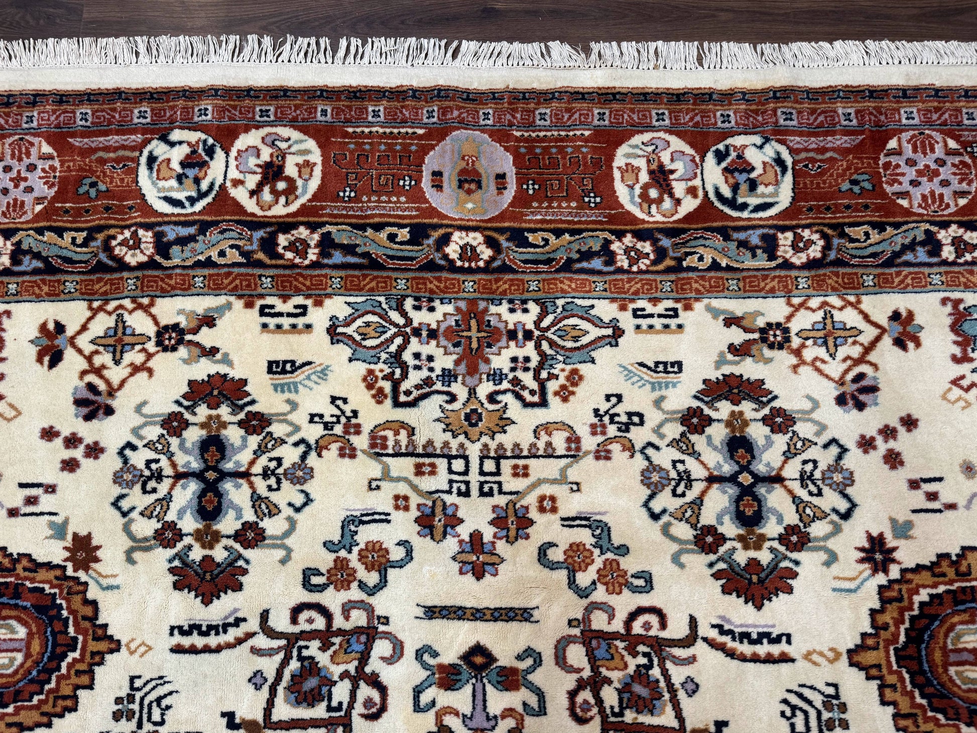 Indo Chinese Wool Rug 9x12, Ivory and Rust Red, Dragon Motifs - Nuvé
