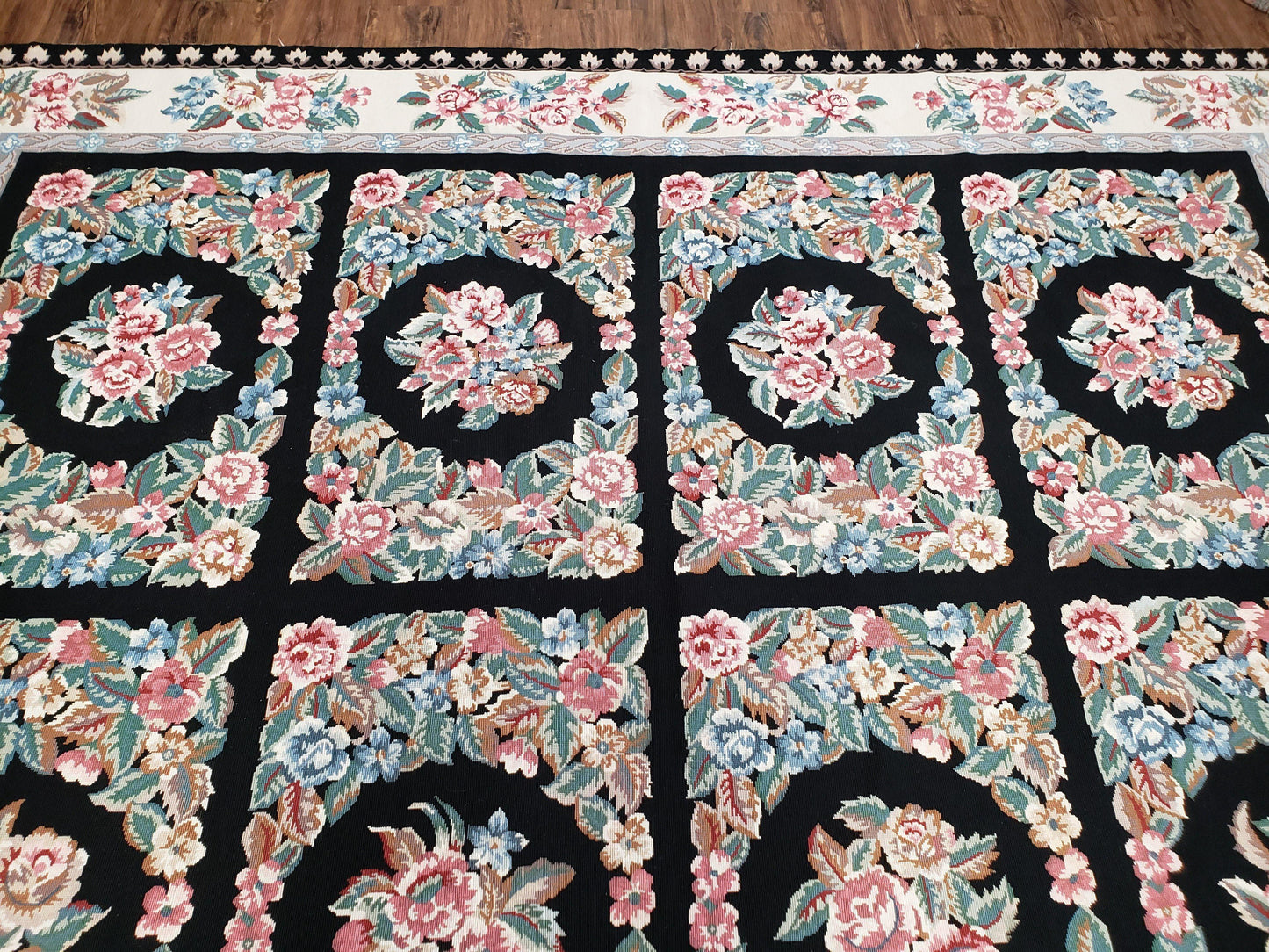 Floral Needlepoint Rug 9.5 x 13.6, Floral Panel Design, Black and Ivory Flatweave Aubusson Carpet, Multicolor - Nuvé