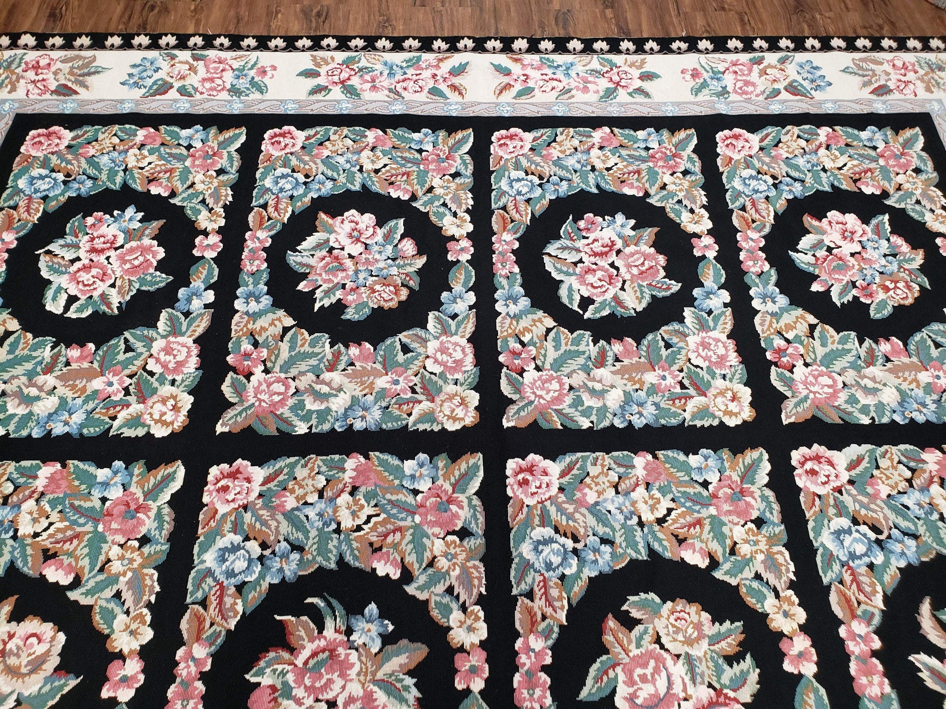 Floral Needlepoint Rug 9.5 x 13.6, Floral Panel Design, Black and Ivory Flatweave Aubusson Carpet, Multicolor - Nuvé