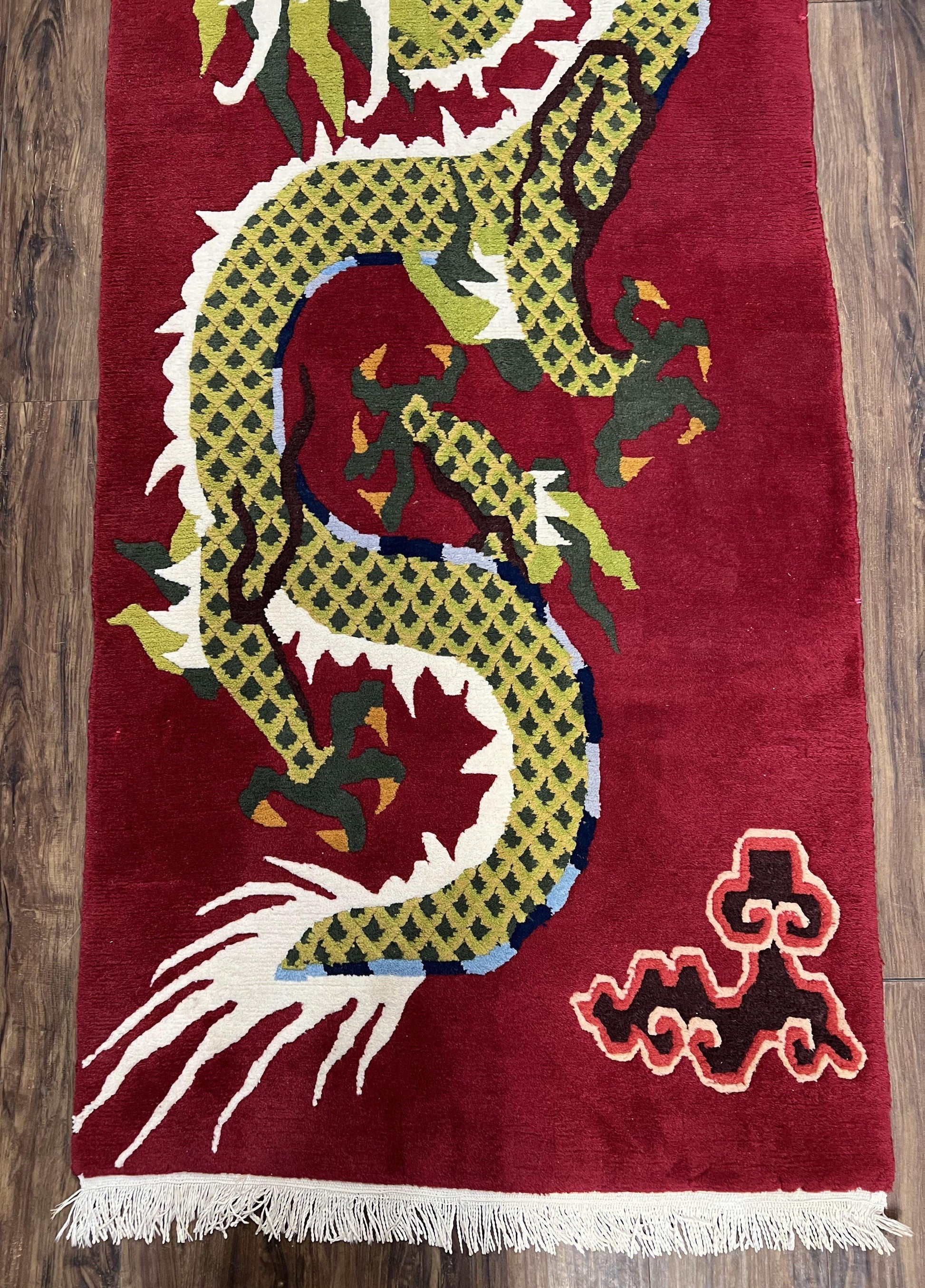 Vintage Chinese Dragon Rug 3 x 6.8, Handmade Hand Knotted Red Chinese Carpet with Gold Dragon, Art Deco Peking Soft Chinese Rug Runner - Nuvé