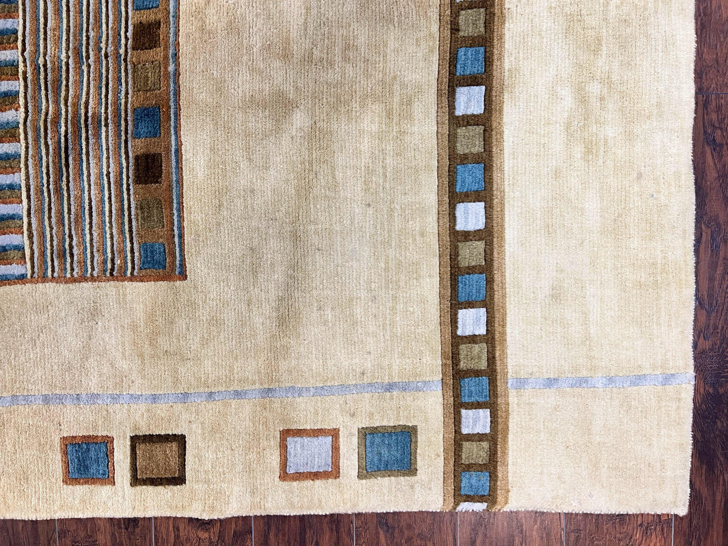 Tibetan Rug 5x8, Contemporary Rug 5 x 8 ft, Cream Brown Blue Hand-Knotted Wool w/ Silk Highlights Tibetan Carpet, Modern Rug - Nuvé
