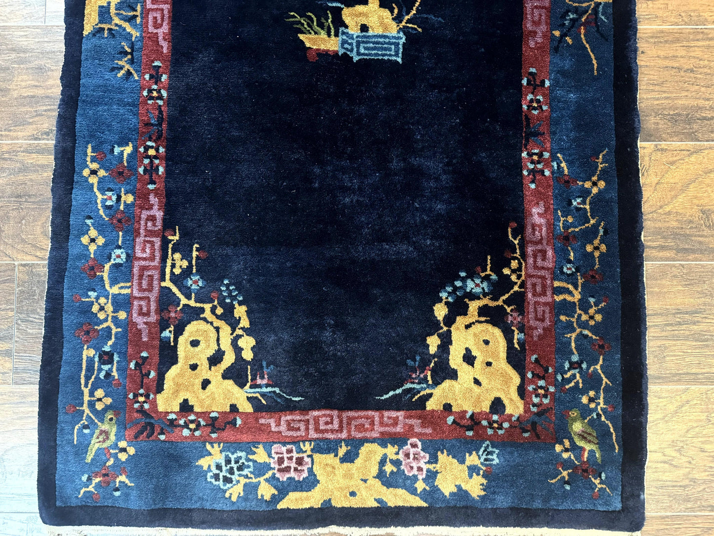 Antique Chinese Peking Rug 3x6, Dark Blue, Bird Motif, Handmade Wool Art Deco Asian Oriental Carpet, Pair A - Nuvé