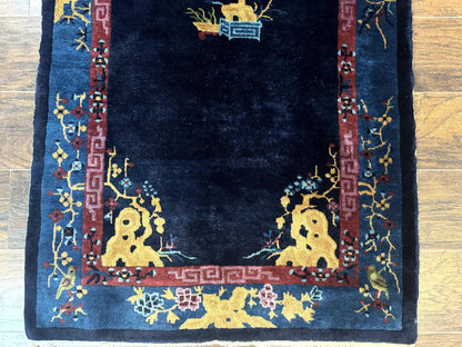 Antique Chinese Peking Rug 3x6, Dark Blue, Bird Motif, Handmade Wool Art Deco Asian Oriental Carpet, Pair A - Nuvé