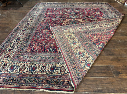 Antique Persian Mashad Rug 10x12, Red and Ivory, Signed by Master Weaver