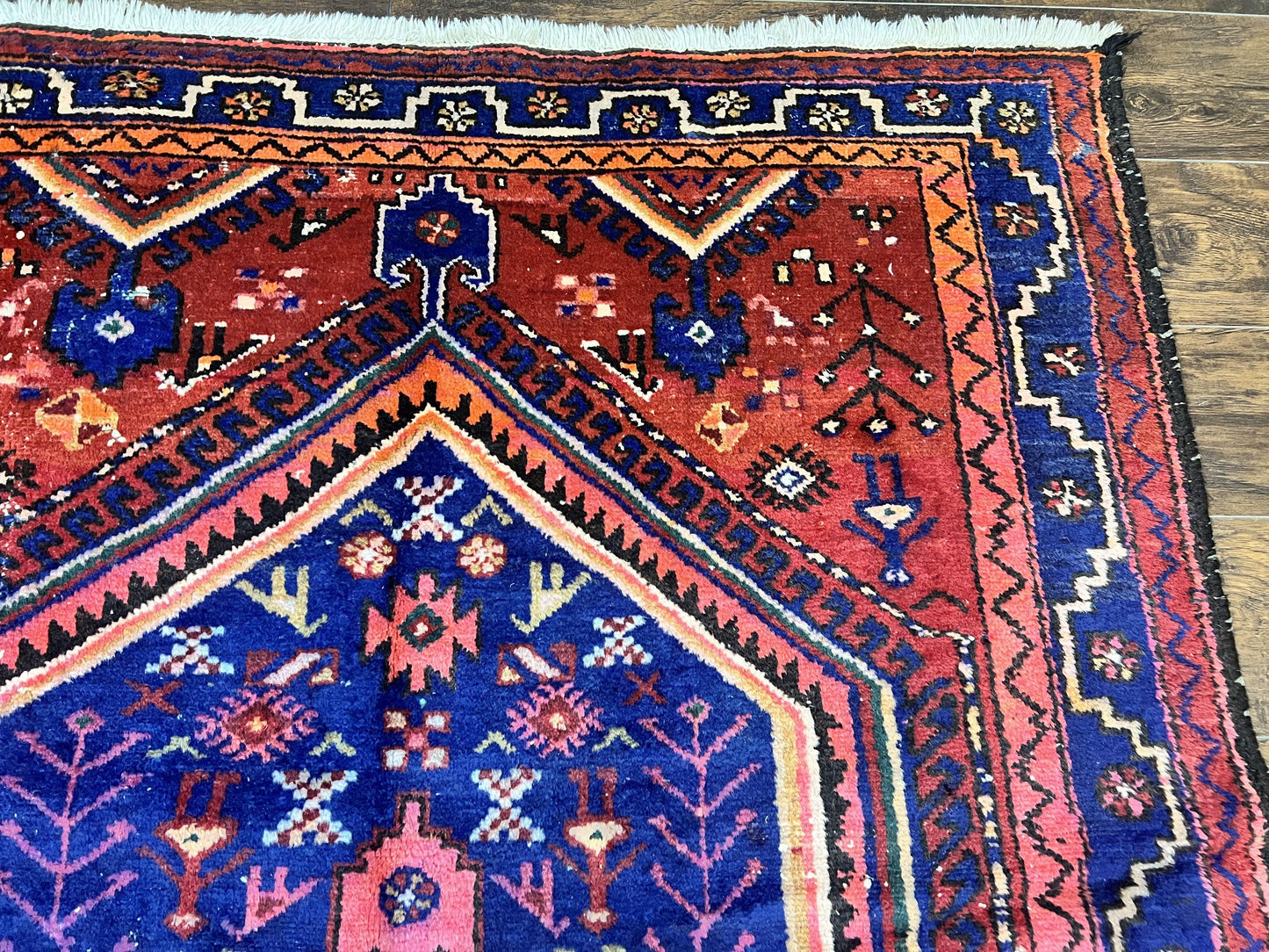 Persian Tribal Rug 5x7, Wool Handmade Vintage Hamadan Nahavand Carpet, Red & Navy Blue, Animal Motifs, Geometric Oriental Rug 5 x 7 - Nuvé
