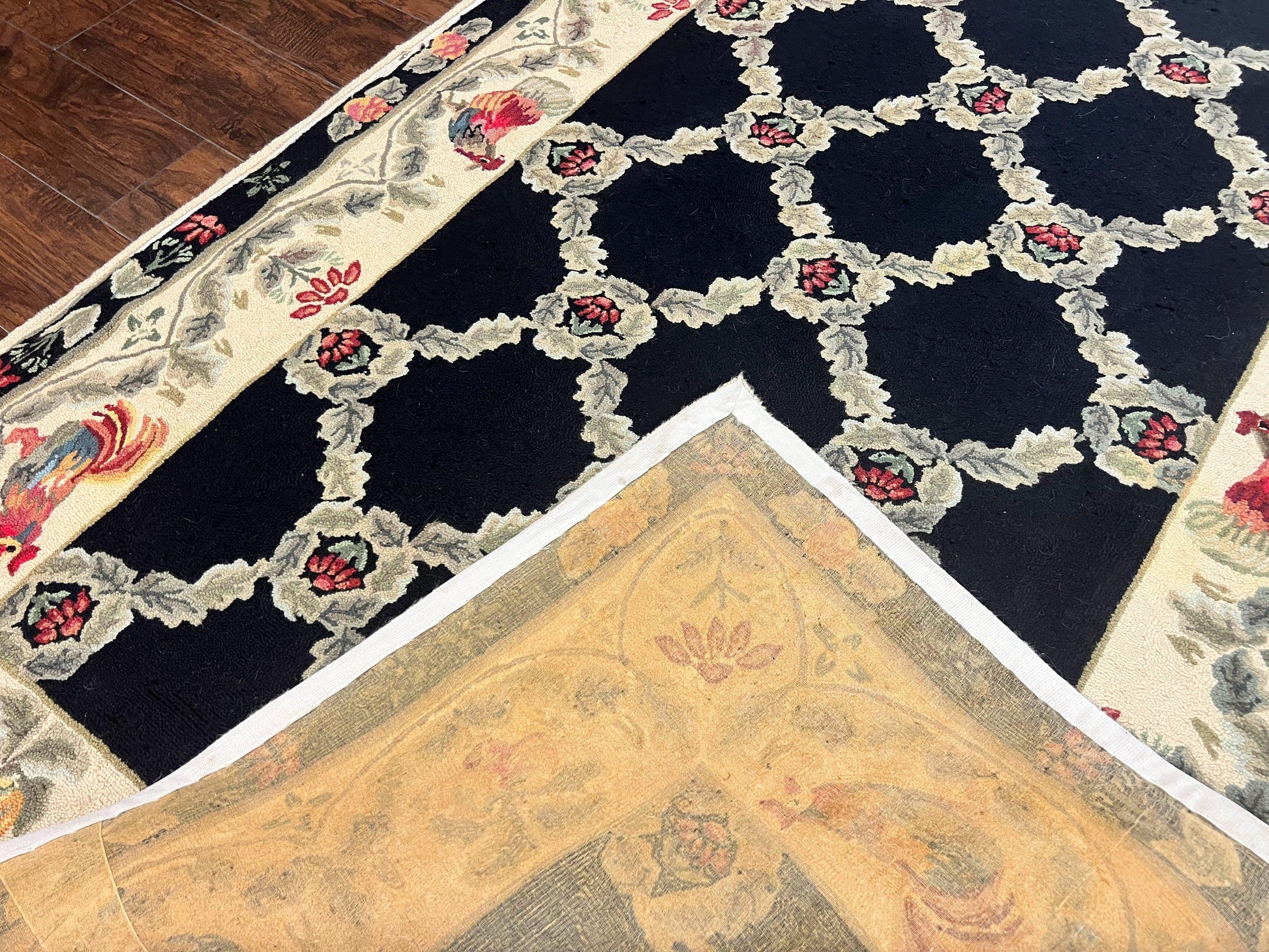 Hooked Rug 5x8, European Aubusson Pattern, Black and Ivory, Roses & Roosters, Vintage Wool Rug - Nuvé