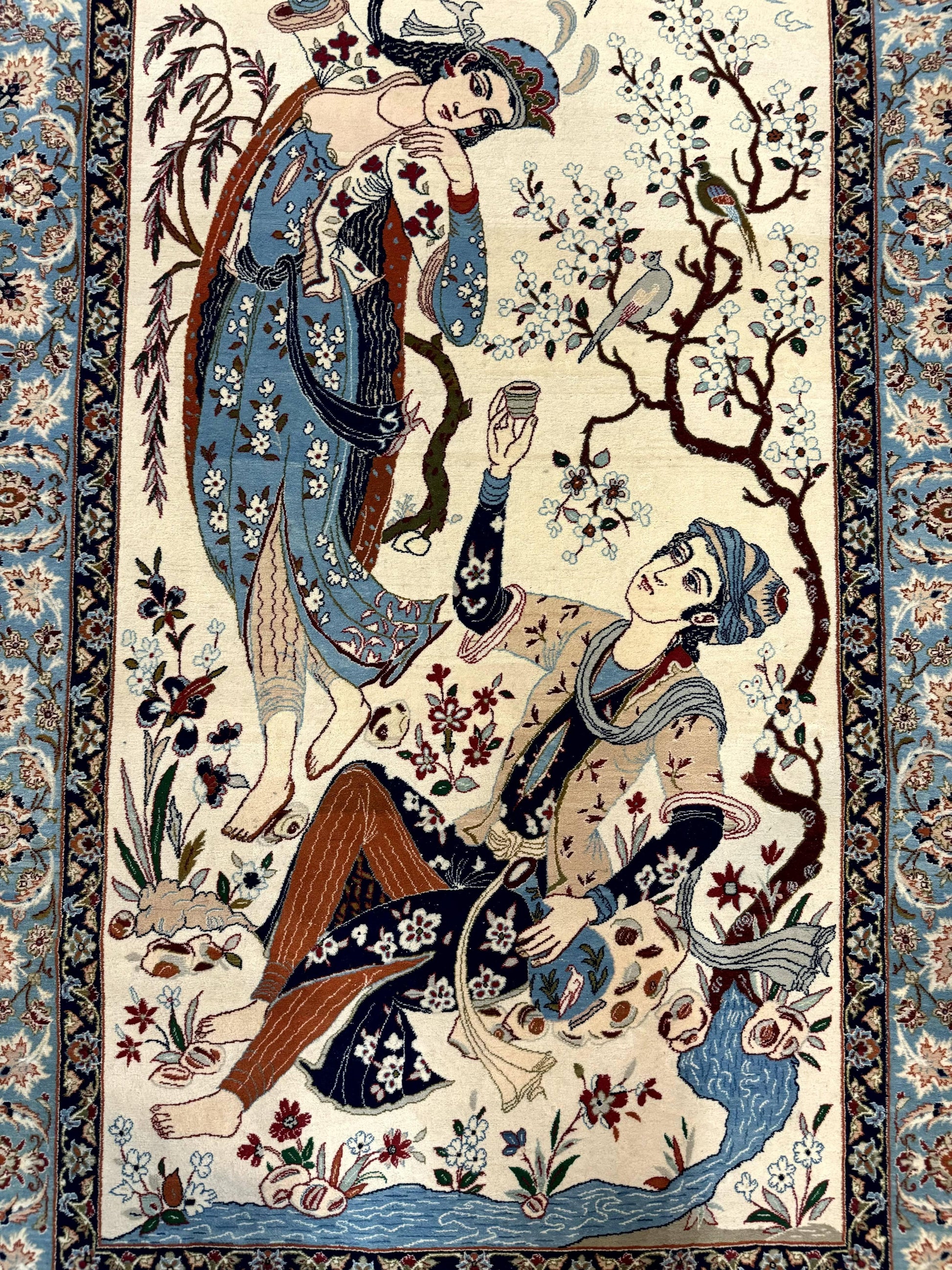 Persian Isfahan Pictorial Rug, Two Lovers, Kork Wool on Silk Foundation, Ivory and Light Blue, 500 KPSI Super Fine - Nuvé