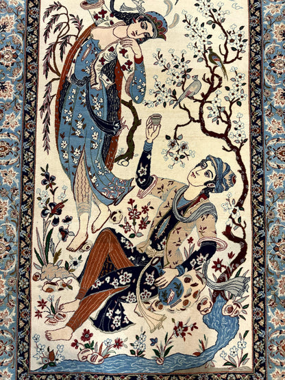 Persian Isfahan Pictorial Rug, Two Lovers, Kork Wool on Silk Foundation, Ivory and Light Blue, 500 KPSI Super Fine - Nuvé