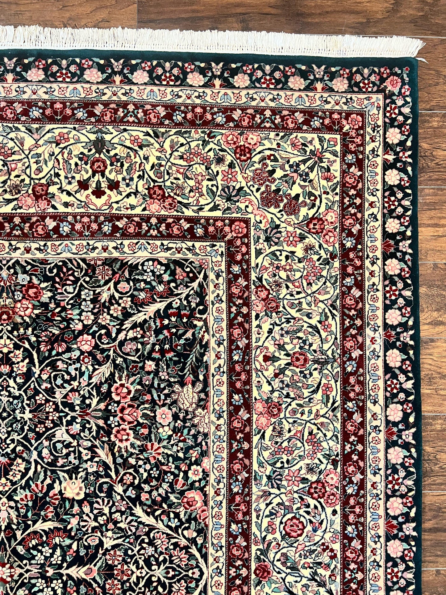 Large Sino Persian Rug 10x14, Wool Hand Knotted Vintage Carpet, Dark Green & Beige, Kirman Floral Rug, Fine Weave, Traditional, Large - Nuvé
