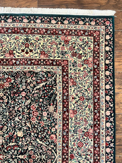 Large Sino Persian Rug 10x14, Wool Hand Knotted Vintage Carpet, Dark Green & Beige, Kirman Floral Rug, Fine Weave, Traditional, Large - Nuvé