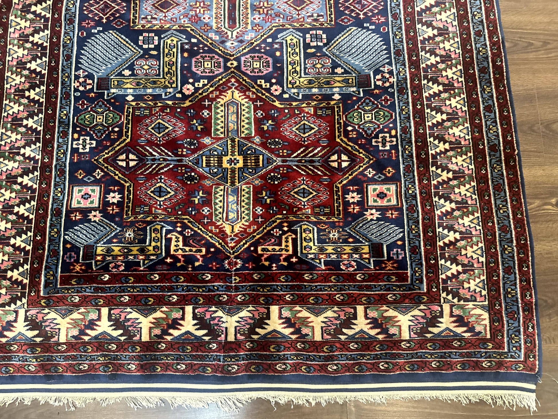 Indian Rug with Caucasian Design, 4x6 Geometric Carpet, Navy Blue and Cream - Nuvé