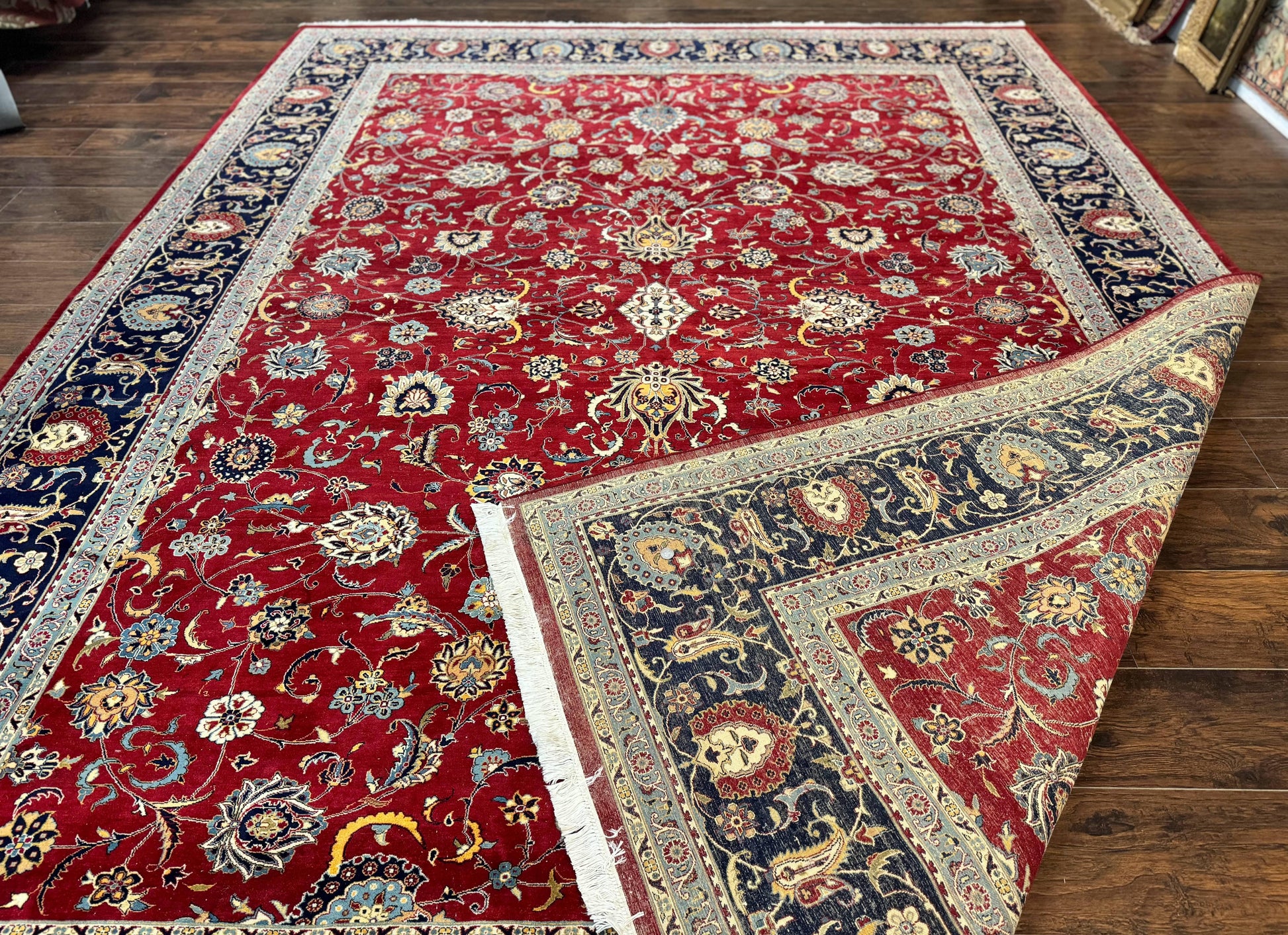 Pak Persian Rug 9x12, Red and Navy Blue, Floral Allover, Hand Knotted Vintage Wool Carpet, Fine 260 KPSI - Nuvé