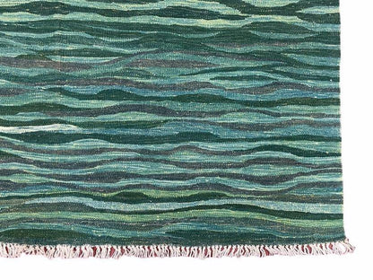 Sea Green Kilim Area Rug, White Blue Red Stripes, Russian Flag Rug, Flatweave Hand Knotted Carpet, Turkish Carpet, Wool, New, 5' 6" x 7' 10" - Nuvé