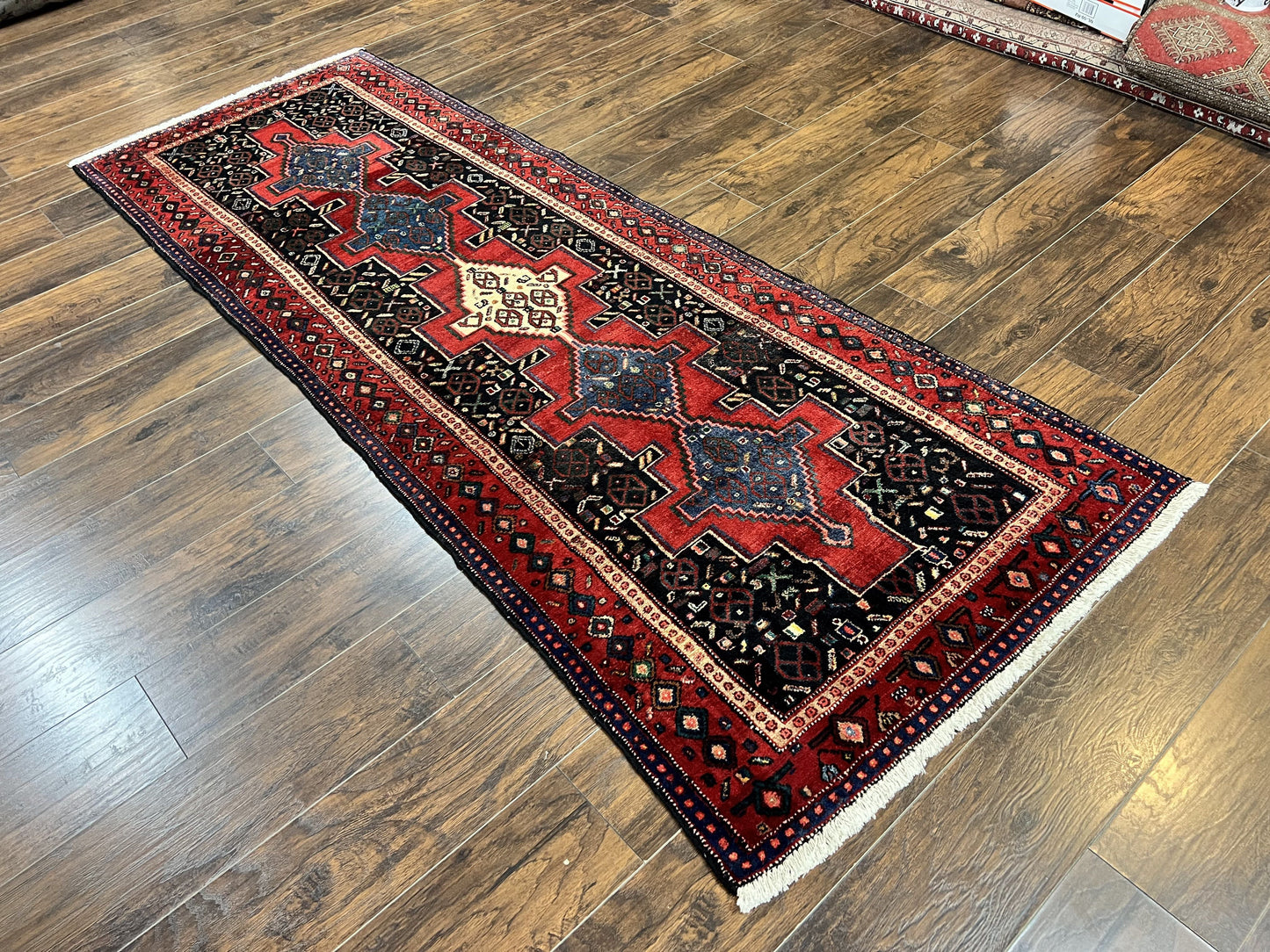 Persian Kurdish Senneh Runner Rug 3x9, Red Navy Blue, Medallions Wool Tribal Runner for Kitchen/Hallway 9ft Antique Handmade Oriental Runner