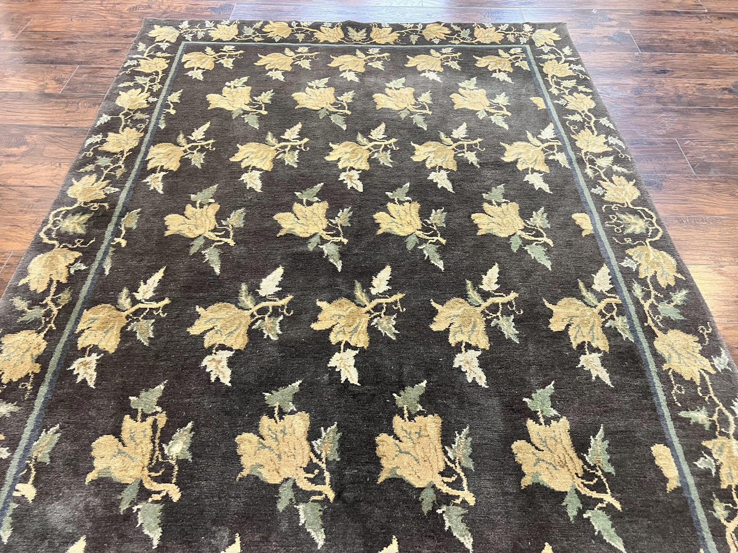 Tibetan Nepal Rug 6x9, Wool Hand Knotted Vintage Carpet 6 x 9, Dark Green & Golden Yellow, Floral Bouquets - Nuvé