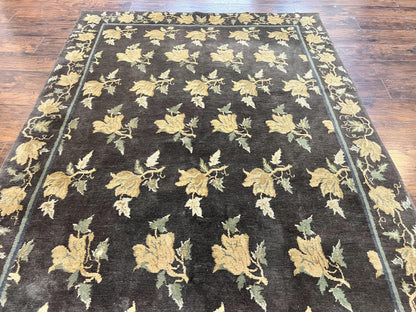 Tibetan Nepal Rug 6x9, Wool Hand Knotted Vintage Carpet 6 x 9, Dark Green & Golden Yellow, Floral Bouquets - Nuvé