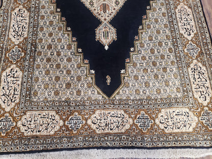 Persian Silk Qum Rug, Silk on Silk, Black Golden Brown and Beige, Hand-Knotted, 3'6" x 5' 5" - Nuvé