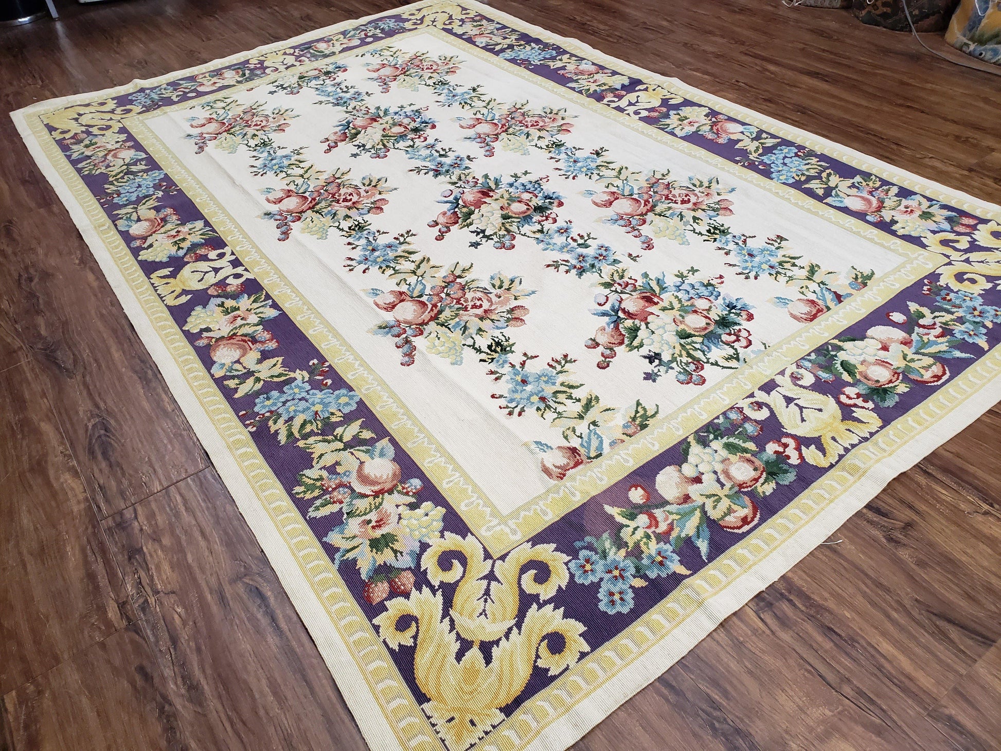 Vintage Chinese Floral Needlepoint Area Rug 6x9, Wool Hand-Woven Handmade Flatweave Rug, Ivory & Purple, Fruits Grapes Apples, Dining Room - Nuvé
