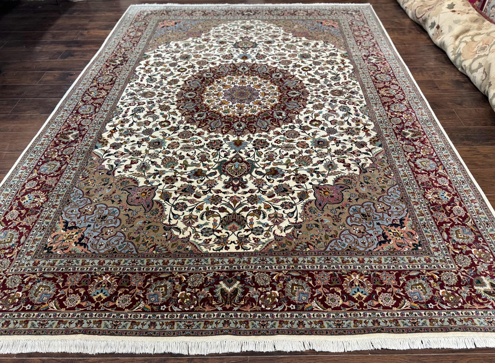 Persian Tabriz Rug 8x11, Floral Medallion Traditional Area Rug, Fine 300 KPSI, Ivory Maroon - Nuvé