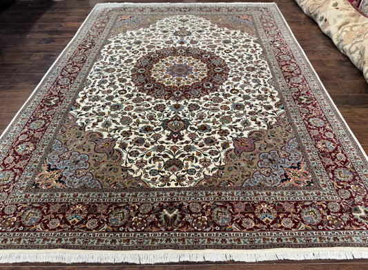 Persian Tabriz Rug 8x11, Floral Medallion Traditional Area Rug, Fine 300 KPSI, Ivory Maroon - Nuvé