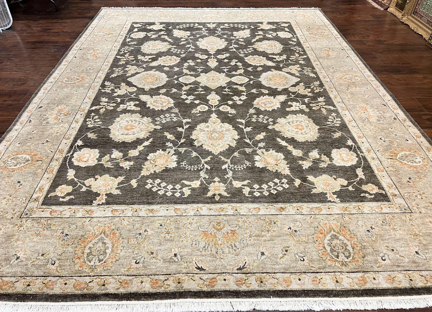 Indo Persian Rug 9x12, Sultanabad Indian Carpet, Dark Brown, Hand Knotted Vintage Wool Rug - Nuvé