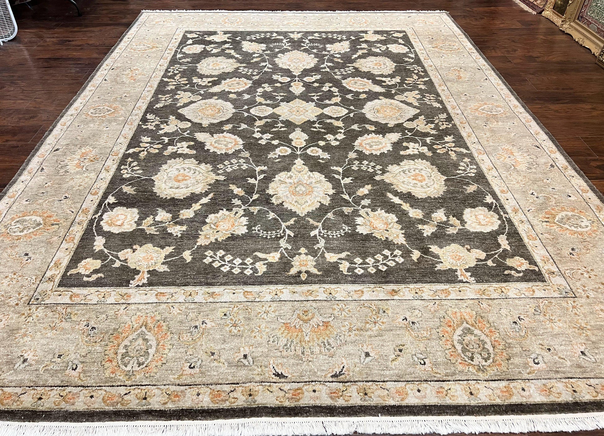 Indo Persian Rug 9x12, Sultanabad Indian Carpet, Dark Brown, Hand Knotted Vintage Wool Rug - Nuvé