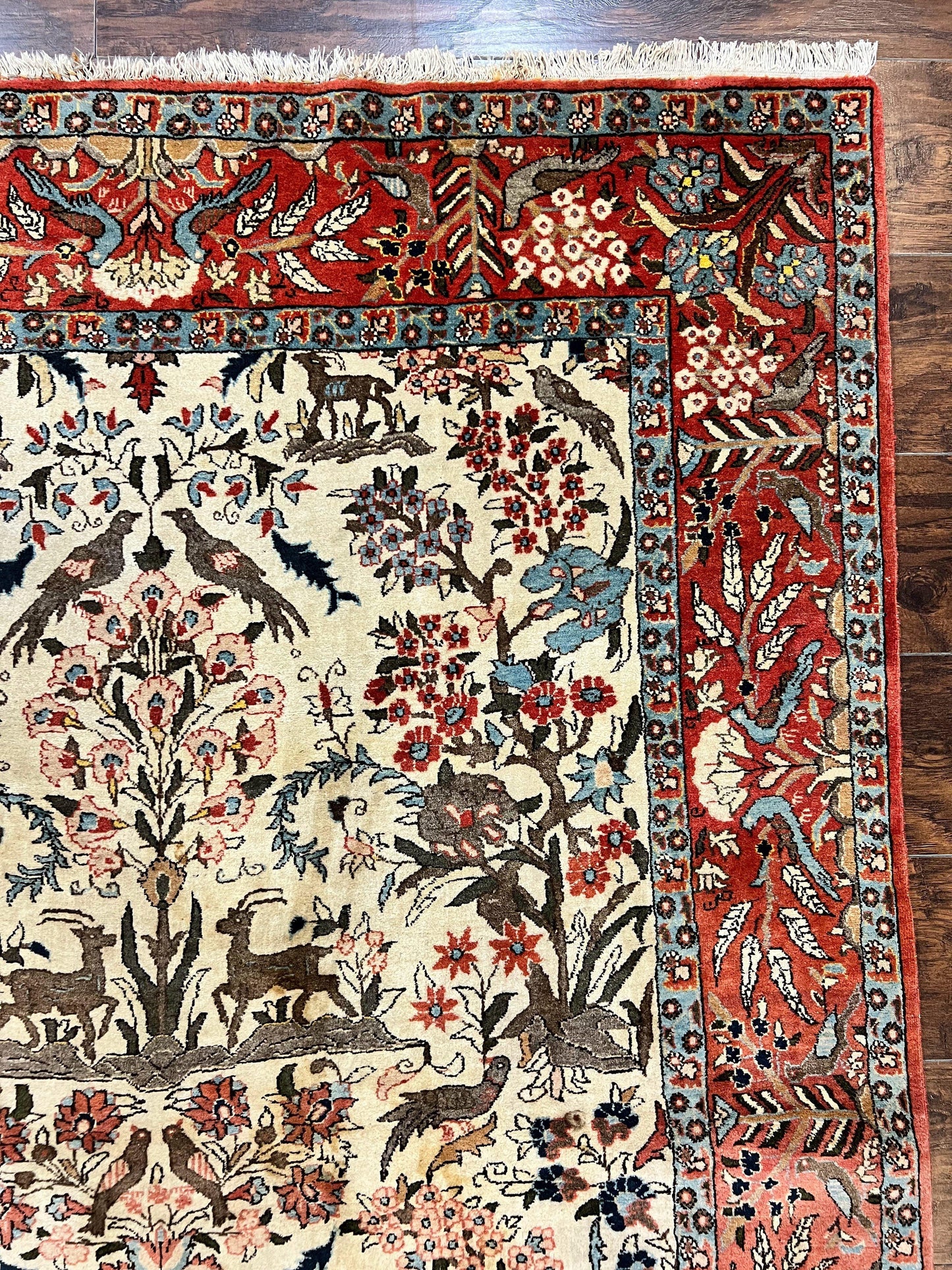 Persian Tree of Life 5x7, Qum Rug, Animal Motifs, Deer Birds, Fine 225 KPSI, Semi Antique Vintage Handmade Wool Rug, Cream Red - Nuvé